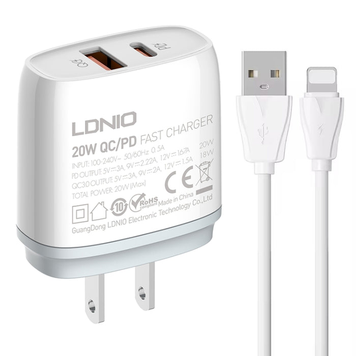 Cargador rápido USB + tipo C LDNIO Q229 QC3.0/PD20W con cable USB a 8 pines de 1 m, EU Plug, UK Plug, US Plug