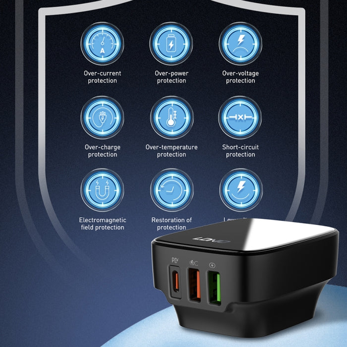 Cargador LDNIO Q334 de 32 W tipo C + puerto USB doble con cable de datos micro USB, EU Plug, UK Plug, US Plug