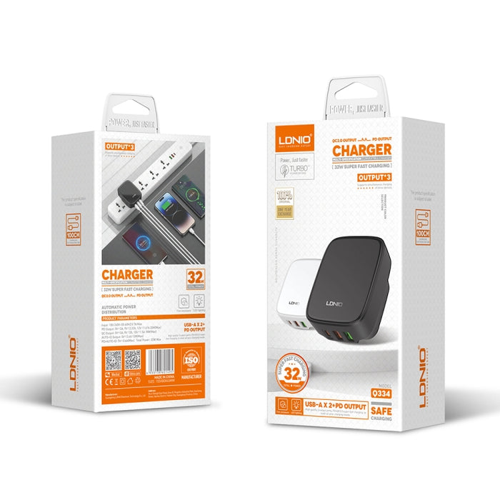 Cargador LDNIO Q334 de 32 W tipo C + puerto USB doble con cable de datos micro USB, EU Plug, UK Plug, US Plug