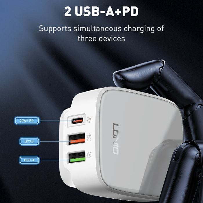 Cargador LDNIO Q334 de 32 W tipo C + puerto USB doble con cable de datos USB-C/Tipo C a USB-C/Tipo C, EU Plug, UK Plug, US Plug