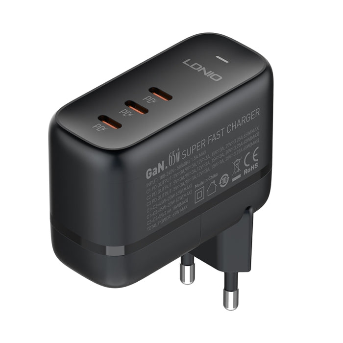 Cargador de interfaz LDNIO Q367 65W GaN con 3 puertos USB-C/Tipo-C y cable de datos USB-C/Tipo-C a USB-C/Tipo-C, EU Plug, UK Plug, US Plug