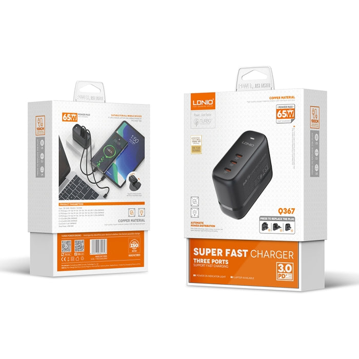 Cargador de interfaz LDNIO Q367 65W GaN con 3 puertos USB-C/Tipo-C y cable de datos USB-C/Tipo-C a USB-C/Tipo-C, EU Plug, UK Plug, US Plug
