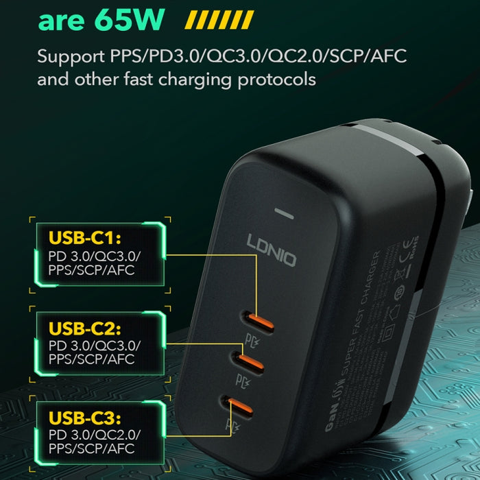 Cargador de interfaz LDNIO Q367 65W GaN con 3 puertos USB-C/Tipo-C y cable de datos USB-C/Tipo-C a USB-C/Tipo-C, EU Plug, UK Plug, US Plug