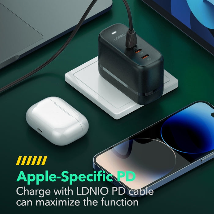 Cargador de interfaz LDNIO Q367 65W GaN con 3 puertos USB-C/Tipo-C y cable de datos USB-C/Tipo-C a USB-C/Tipo-C, EU Plug, UK Plug, US Plug