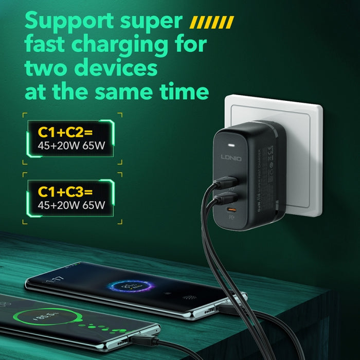 Cargador de interfaz LDNIO Q367 65W GaN con 3 puertos USB-C/Tipo-C y cable de datos USB-C/Tipo-C a USB-C/Tipo-C, EU Plug, UK Plug, US Plug