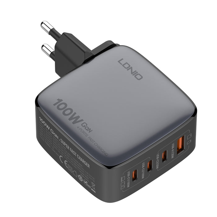 Cargador de interfaz USB+3 USB-C/Tipo C GaN de 100 W LDNIO Q408 con cable de datos USB-C/Tipo C a USB-C/Tipo C de 100 W, EU Plug, UK Plug, US Plug