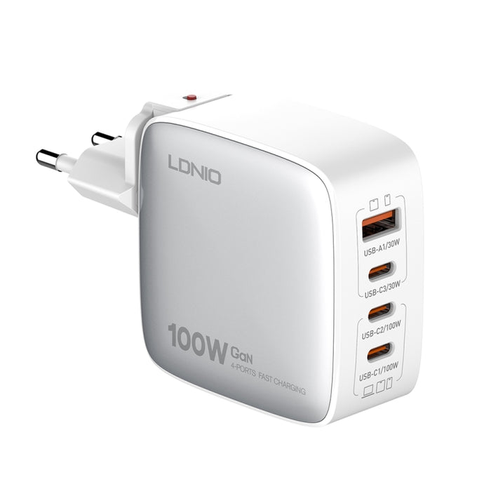 Cargador de interfaz USB+3 USB-C/Tipo C GaN de 100 W LDNIO Q408 con cable de datos USB-C/Tipo C a USB-C/Tipo C de 100 W, EU Plug, UK Plug, US Plug