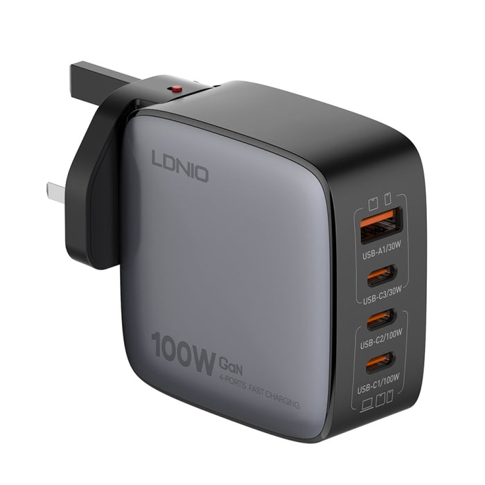 Cargador de interfaz USB+3 USB-C/Tipo C GaN de 100 W LDNIO Q408 con cable de datos USB-C/Tipo C a USB-C/Tipo C de 100 W, EU Plug, UK Plug, US Plug