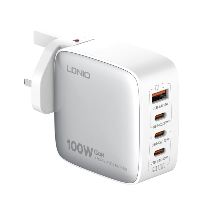 Cargador de interfaz USB+3 USB-C/Tipo C GaN de 100 W LDNIO Q408 con cable de datos USB-C/Tipo C a USB-C/Tipo C de 100 W, EU Plug, UK Plug, US Plug