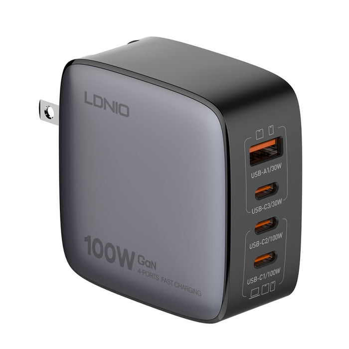 Cargador de interfaz USB+3 USB-C/Tipo C GaN de 100 W LDNIO Q408 con cable de datos USB-C/Tipo C a USB-C/Tipo C de 100 W, EU Plug, UK Plug, US Plug