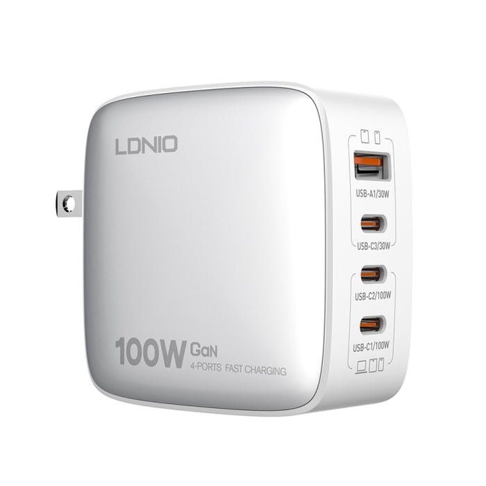 Cargador de interfaz USB+3 USB-C/Tipo C GaN de 100 W LDNIO Q408 con cable de datos USB-C/Tipo C a USB-C/Tipo C de 100 W, EU Plug, UK Plug, US Plug