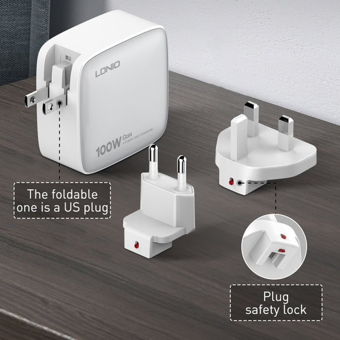 Cargador de interfaz USB+3 USB-C/Tipo C GaN de 100 W LDNIO Q408 con cable de datos USB-C/Tipo C a USB-C/Tipo C de 100 W, EU Plug, UK Plug, US Plug