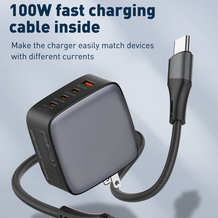 Cargador de interfaz USB+3 USB-C/Tipo C GaN de 100 W LDNIO Q408 con cable de datos USB-C/Tipo C a USB-C/Tipo C de 100 W, EU Plug, UK Plug, US Plug