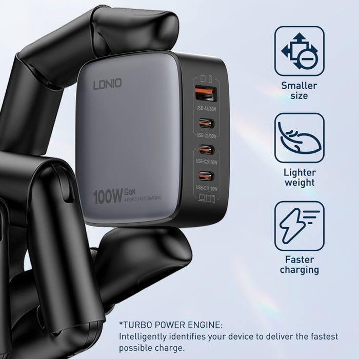 Cargador de interfaz USB+3 USB-C/Tipo C GaN de 100 W LDNIO Q408 con cable de datos USB-C/Tipo C a USB-C/Tipo C de 100 W, EU Plug, UK Plug, US Plug