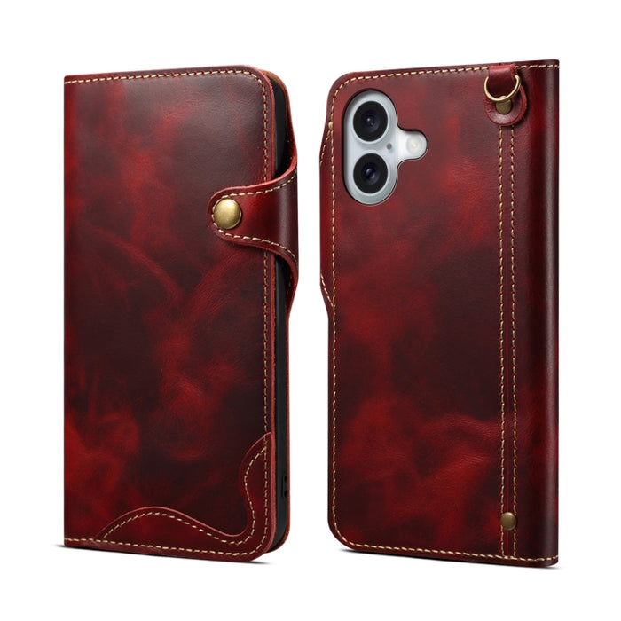 Estuche de cuero genuino con botón magnético y cera de aceite Denior B01 de piel de vaca, For iPhone 16e, For iPhone 16 Pro Max, For iPhone 16 Pro, For iPhone 16 Plus, For iPhone 16