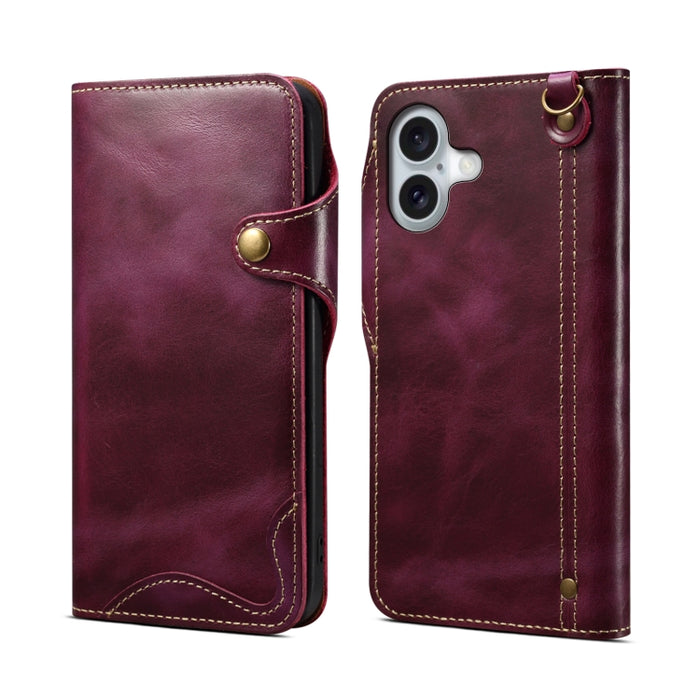 Estuche de cuero genuino con botón magnético y cera de aceite Denior B01 de piel de vaca, For iPhone 16e, For iPhone 16 Pro Max, For iPhone 16 Pro, For iPhone 16 Plus, For iPhone 16