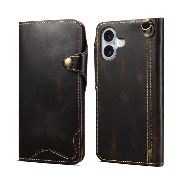 Estuche de cuero genuino con botón magnético y cera de aceite Denior B01 de piel de vaca, For iPhone 16e, For iPhone 16 Pro Max, For iPhone 16 Pro, For iPhone 16 Plus, For iPhone 16