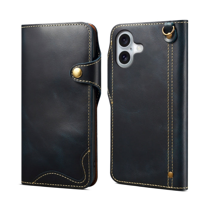 Estuche de cuero genuino con botón magnético y cera de aceite Denior B01 de piel de vaca, For iPhone 16e, For iPhone 16 Pro Max, For iPhone 16 Pro, For iPhone 16 Plus, For iPhone 16