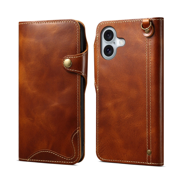 Estuche de cuero genuino con botón magnético y cera de aceite Denior B01 de piel de vaca, For iPhone 16e, For iPhone 16 Pro Max, For iPhone 16 Pro, For iPhone 16 Plus, For iPhone 16