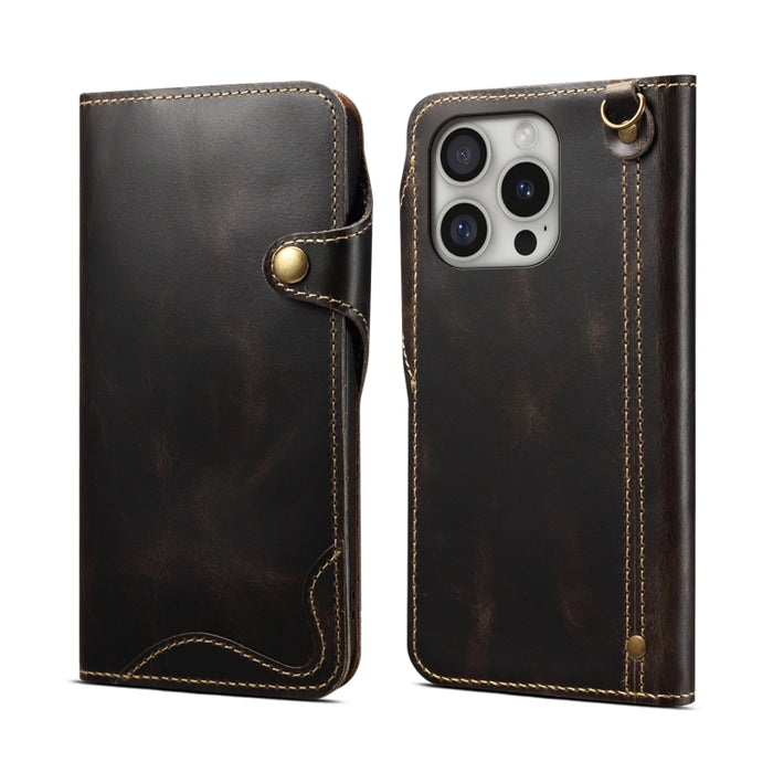 Estuche de cuero genuino con botón magnético y cera de aceite Denior B01 de piel de vaca, For iPhone 16e, For iPhone 16 Pro Max, For iPhone 16 Pro, For iPhone 16 Plus, For iPhone 16