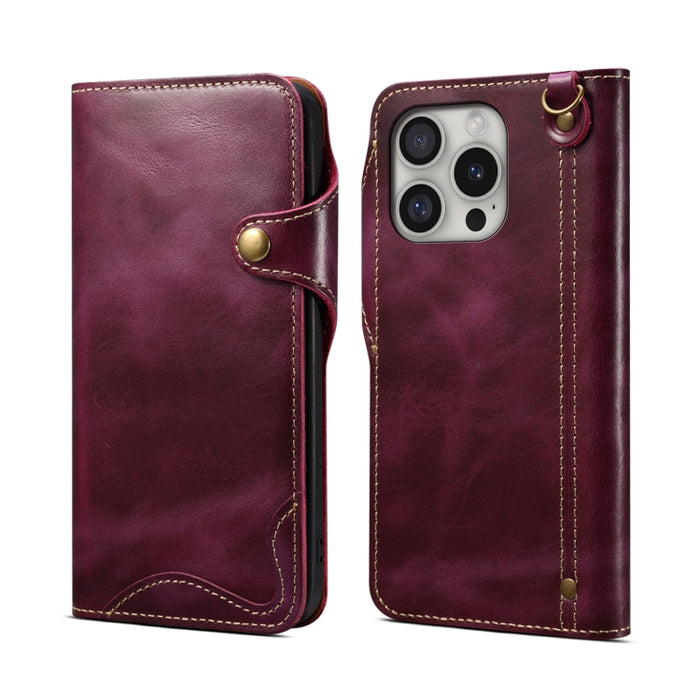 Estuche de cuero genuino con botón magnético y cera de aceite Denior B01 de piel de vaca, For iPhone 16e, For iPhone 16 Pro Max, For iPhone 16 Pro, For iPhone 16 Plus, For iPhone 16