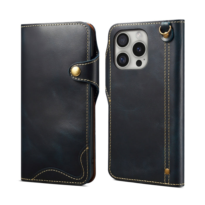 Estuche de cuero genuino con botón magnético y cera de aceite Denior B01 de piel de vaca, For iPhone 16e, For iPhone 16 Pro Max, For iPhone 16 Pro, For iPhone 16 Plus, For iPhone 16