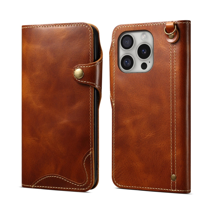 Estuche de cuero genuino con botón magnético y cera de aceite Denior B01 de piel de vaca, For iPhone 16e, For iPhone 16 Pro Max, For iPhone 16 Pro, For iPhone 16 Plus, For iPhone 16