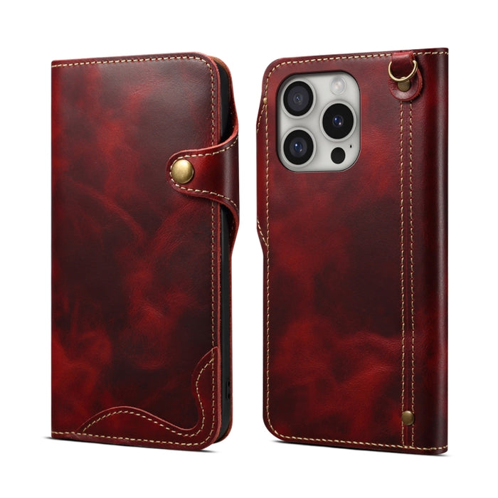 Estuche de cuero genuino con botón magnético y cera de aceite Denior B01 de piel de vaca, For iPhone 16e, For iPhone 16 Pro Max, For iPhone 16 Pro, For iPhone 16 Plus, For iPhone 16