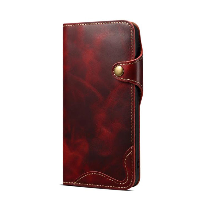 Estuche de cuero genuino con botón magnético y cera de aceite Denior B01 de piel de vaca, For iPhone 16e, For iPhone 16 Pro Max, For iPhone 16 Pro, For iPhone 16 Plus, For iPhone 16