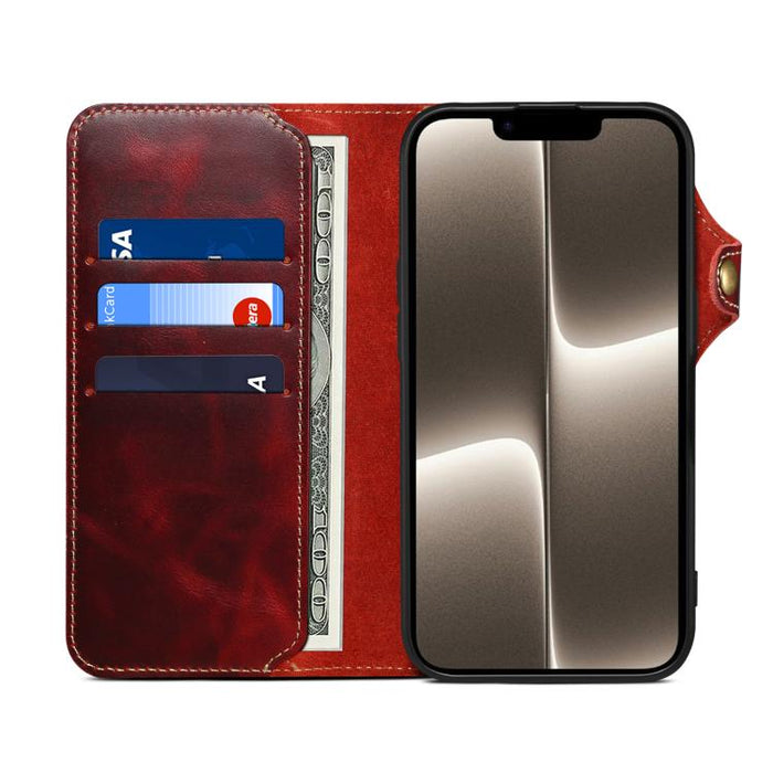 Estuche de cuero genuino con botón magnético y cera de aceite Denior B01 de piel de vaca, For iPhone 16e, For iPhone 16 Pro Max, For iPhone 16 Pro, For iPhone 16 Plus, For iPhone 16
