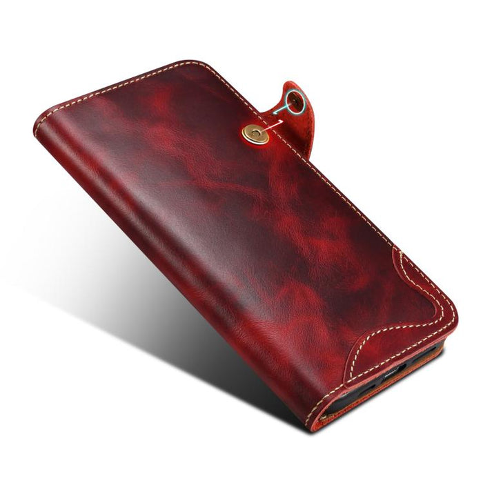 Estuche de cuero genuino con botón magnético y cera de aceite Denior B01 de piel de vaca, For iPhone 16e, For iPhone 16 Pro Max, For iPhone 16 Pro, For iPhone 16 Plus, For iPhone 16