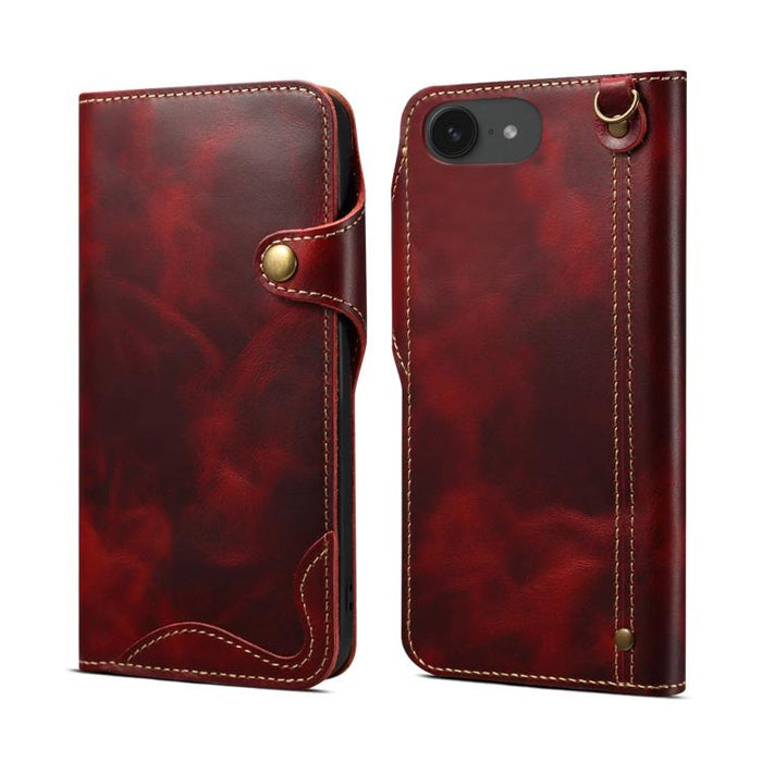 Estuche de cuero genuino con botón magnético y cera de aceite Denior B01 de piel de vaca, For iPhone 16e, For iPhone 16 Pro Max, For iPhone 16 Pro, For iPhone 16 Plus, For iPhone 16
