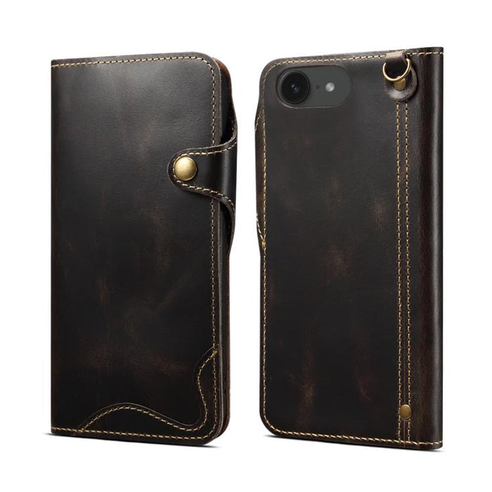 Estuche de cuero genuino con botón magnético y cera de aceite Denior B01 de piel de vaca, For iPhone 16e, For iPhone 16 Pro Max, For iPhone 16 Pro, For iPhone 16 Plus, For iPhone 16