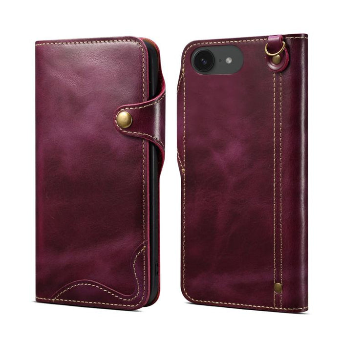 Estuche de cuero genuino con botón magnético y cera de aceite Denior B01 de piel de vaca, For iPhone 16e, For iPhone 16 Pro Max, For iPhone 16 Pro, For iPhone 16 Plus, For iPhone 16