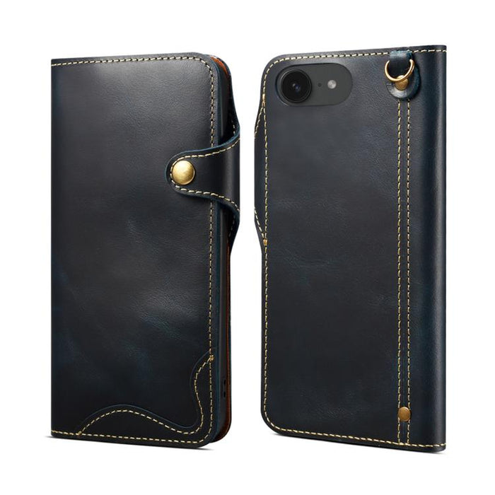 Estuche de cuero genuino con botón magnético y cera de aceite Denior B01 de piel de vaca, For iPhone 16e, For iPhone 16 Pro Max, For iPhone 16 Pro, For iPhone 16 Plus, For iPhone 16