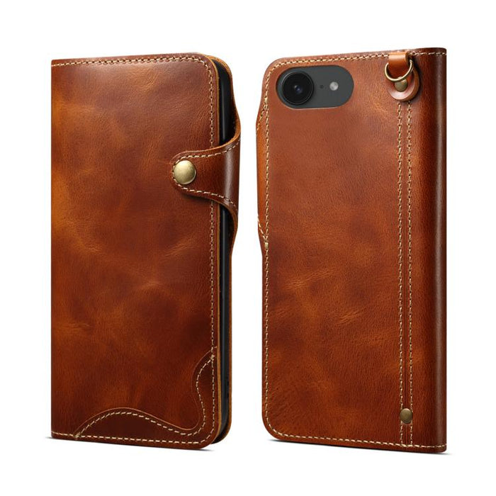 Estuche de cuero genuino con botón magnético y cera de aceite Denior B01 de piel de vaca, For iPhone 16e, For iPhone 16 Pro Max, For iPhone 16 Pro, For iPhone 16 Plus, For iPhone 16