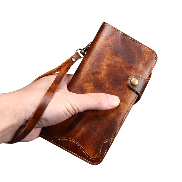 Estuche de cuero genuino con botón magnético y cera de aceite Denior B01 de piel de vaca, For iPhone 16e, For iPhone 16 Pro Max, For iPhone 16 Pro, For iPhone 16 Plus, For iPhone 16