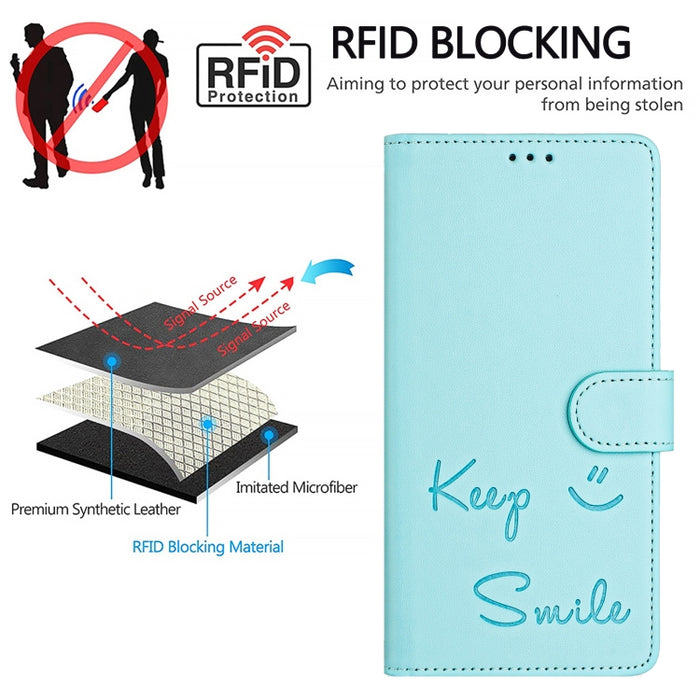 Funda de cuero para teléfono con RFID y estampado de sonrisas, For iPhone 14 Pro Max, For iPhone SE 2022 / 2020 / 8 / 7, For iPhone 13 Pro Max, For iPhone 13 Pro, For iPhone 13 mini, For iPhone 12 / 12 Pro, For iPhone 12 Pro Max, For iPhone 12 mini    ...