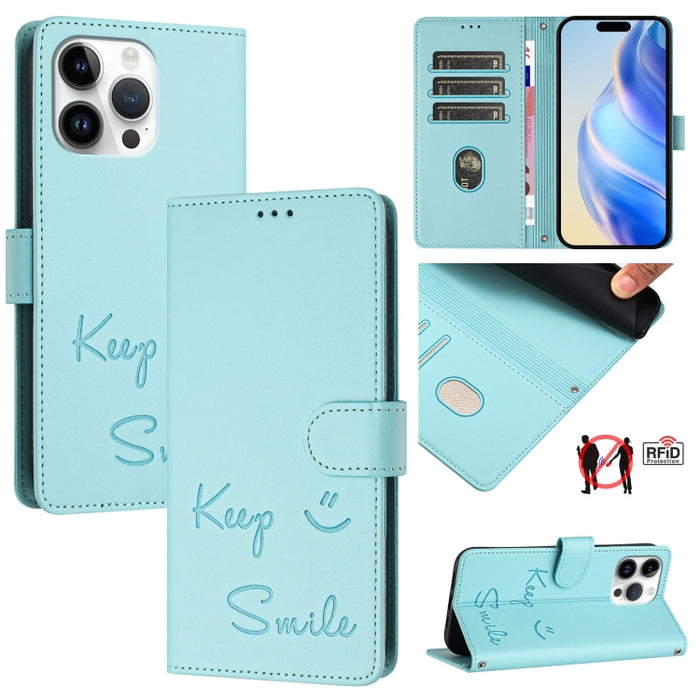 Funda de cuero para teléfono con RFID y estampado de sonrisas, For iPhone 14 Pro Max, For iPhone SE 2022 / 2020 / 8 / 7, For iPhone 13 Pro Max, For iPhone 13 Pro, For iPhone 13 mini, For iPhone 12 / 12 Pro, For iPhone 12 Pro Max, For iPhone 12 mini    ...