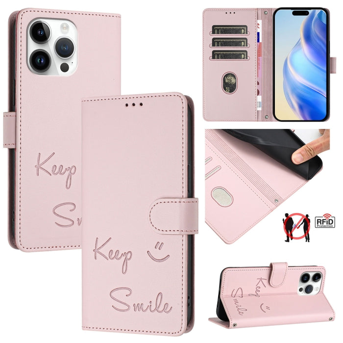 Funda de cuero para teléfono con RFID y estampado de sonrisas, For iPhone 14 Pro Max, For iPhone SE 2022 / 2020 / 8 / 7, For iPhone 13 Pro Max, For iPhone 13 Pro, For iPhone 13 mini, For iPhone 12 / 12 Pro, For iPhone 12 Pro Max, For iPhone 12 mini    ...