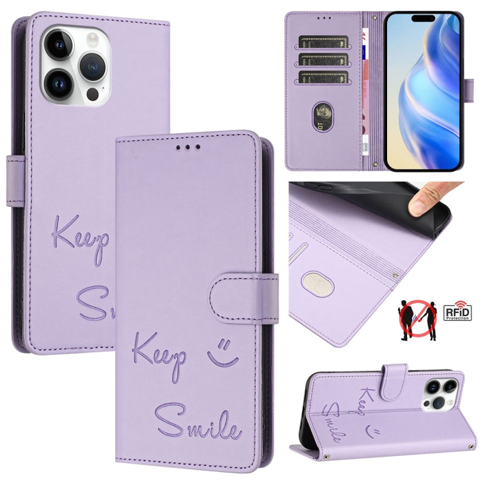 Funda de cuero para teléfono con RFID y estampado de sonrisas, For iPhone 14 Pro Max, For iPhone SE 2022 / 2020 / 8 / 7, For iPhone 13 Pro Max, For iPhone 13 Pro, For iPhone 13 mini, For iPhone 12 / 12 Pro, For iPhone 12 Pro Max, For iPhone 12 mini    ...