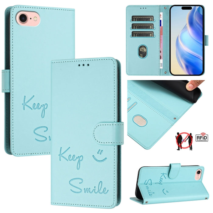 Funda de cuero para teléfono con RFID y estampado de sonrisas, For iPhone 14 Pro Max, For iPhone SE 2022 / 2020 / 8 / 7, For iPhone 13 Pro Max, For iPhone 13 Pro, For iPhone 13 mini, For iPhone 12 / 12 Pro, For iPhone 12 Pro Max, For iPhone 12 mini    ...