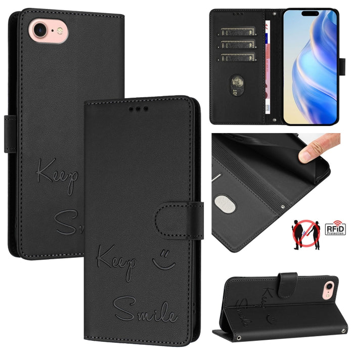 Funda de cuero para teléfono con RFID y estampado de sonrisas, For iPhone 14 Pro Max, For iPhone SE 2022 / 2020 / 8 / 7, For iPhone 13 Pro Max, For iPhone 13 Pro, For iPhone 13 mini, For iPhone 12 / 12 Pro, For iPhone 12 Pro Max, For iPhone 12 mini    ...