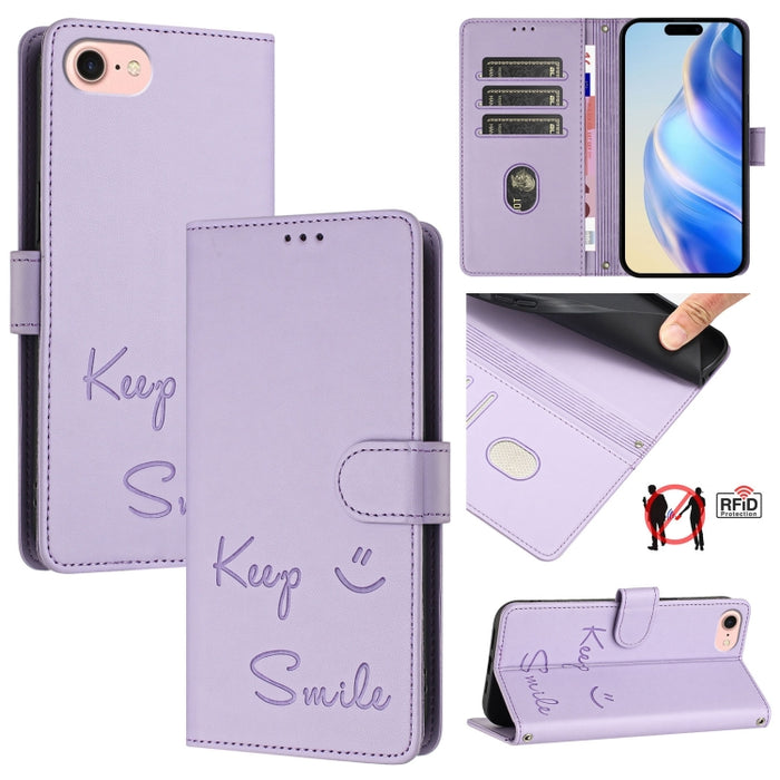 Funda de cuero para teléfono con RFID y estampado de sonrisas, For iPhone 14 Pro Max, For iPhone SE 2022 / 2020 / 8 / 7, For iPhone 13 Pro Max, For iPhone 13 Pro, For iPhone 13 mini, For iPhone 12 / 12 Pro, For iPhone 12 Pro Max, For iPhone 12 mini    ...