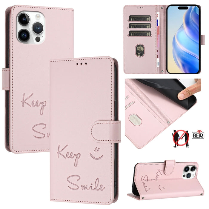 Funda de cuero para teléfono con RFID y estampado de sonrisas, For iPhone 14 Pro Max, For iPhone SE 2022 / 2020 / 8 / 7, For iPhone 13 Pro Max, For iPhone 13 Pro, For iPhone 13 mini, For iPhone 12 / 12 Pro, For iPhone 12 Pro Max, For iPhone 12 mini    ...