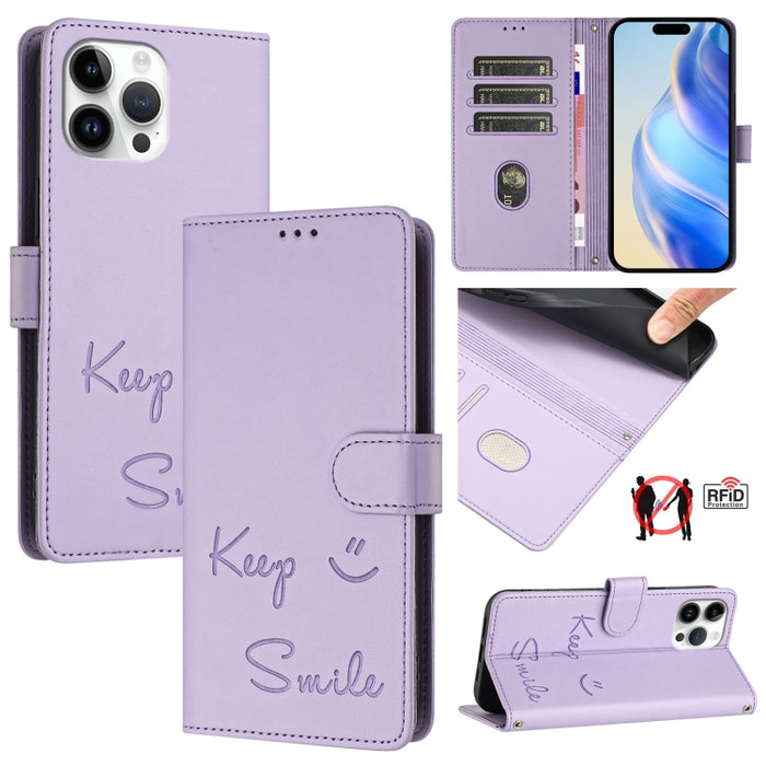 Funda de cuero para teléfono con RFID y estampado de sonrisas, For iPhone 14 Pro Max, For iPhone SE 2022 / 2020 / 8 / 7, For iPhone 13 Pro Max, For iPhone 13 Pro, For iPhone 13 mini, For iPhone 12 / 12 Pro, For iPhone 12 Pro Max, For iPhone 12 mini    ...