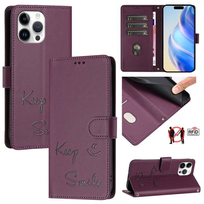 Funda de cuero para teléfono con RFID y estampado de sonrisas, For iPhone 14 Pro Max, For iPhone SE 2022 / 2020 / 8 / 7, For iPhone 13 Pro Max, For iPhone 13 Pro, For iPhone 13 mini, For iPhone 12 / 12 Pro, For iPhone 12 Pro Max, For iPhone 12 mini    ...