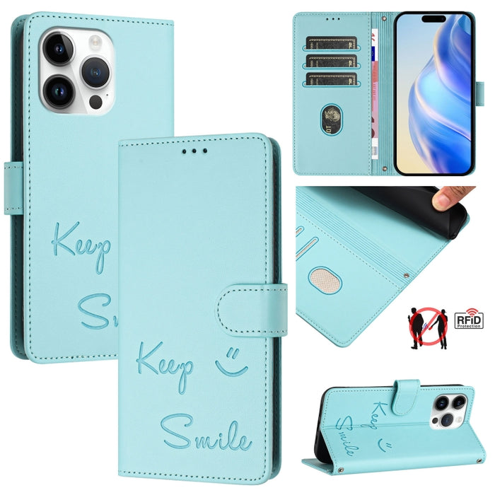 Funda de cuero para teléfono con RFID y estampado de sonrisas, For iPhone 14 Pro Max, For iPhone SE 2022 / 2020 / 8 / 7, For iPhone 13 Pro Max, For iPhone 13 Pro, For iPhone 13 mini, For iPhone 12 / 12 Pro, For iPhone 12 Pro Max, For iPhone 12 mini    ...
