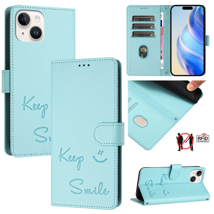 Funda de cuero para teléfono con RFID y estampado de sonrisas, For iPhone 14 Pro Max, For iPhone SE 2022 / 2020 / 8 / 7, For iPhone 13 Pro Max, For iPhone 13 Pro, For iPhone 13 mini, For iPhone 12 / 12 Pro, For iPhone 12 Pro Max, For iPhone 12 mini    ...