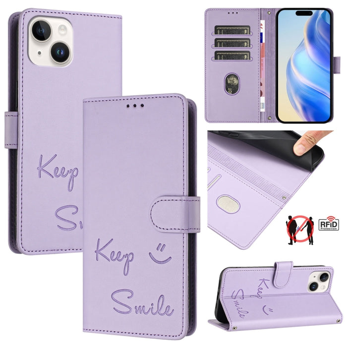 Funda de cuero para teléfono con RFID y estampado de sonrisas, For iPhone 14 Pro Max, For iPhone SE 2022 / 2020 / 8 / 7, For iPhone 13 Pro Max, For iPhone 13 Pro, For iPhone 13 mini, For iPhone 12 / 12 Pro, For iPhone 12 Pro Max, For iPhone 12 mini    ...